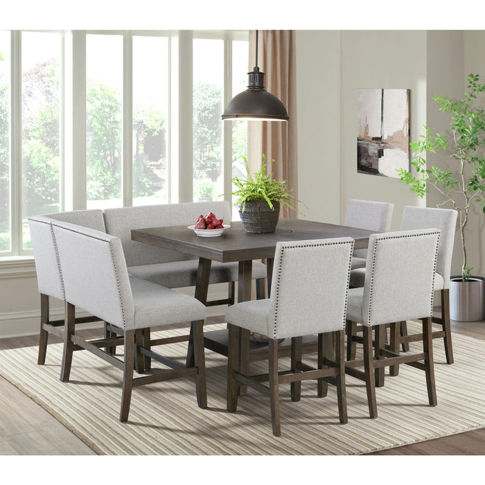 Seneca Counter 3PC Corner Bench with Grey Fabric in Brown
