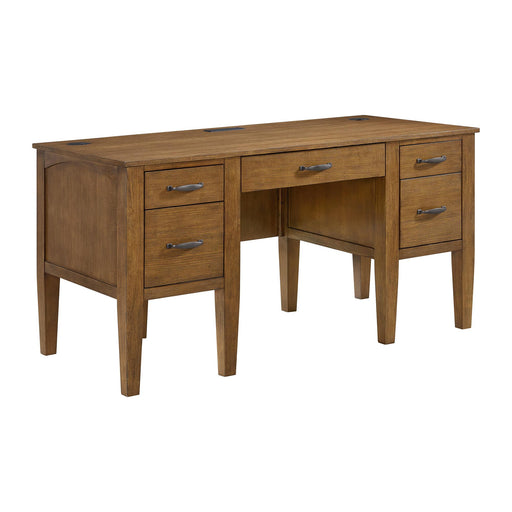 Portico Half Pedestal Desk with Power/USB in Brown Oak - Faith Furniture (Manhattan, KS)