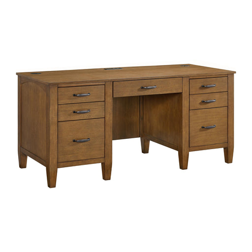 Portico Double Pedestal Desk with Power/USB in Brown Oak - Faith Furniture (Manhattan, KS)