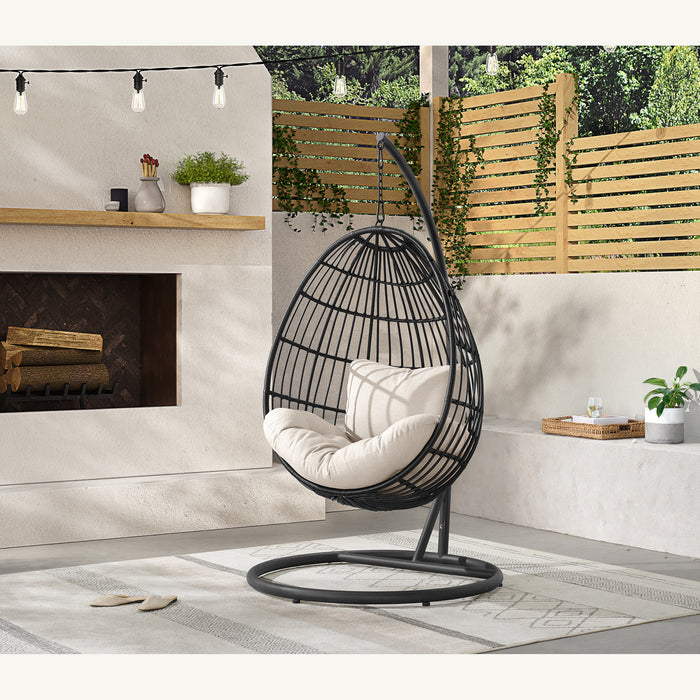 Playa Swing Egg Chair with Base and Pillar - Dark Grey and Olefin Beige - Faith Furniture (Manhattan, KS)
