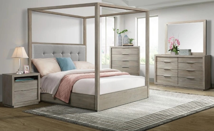 Elements International Arcadia Queen Upholstered Canopy Bed in Grey - Faith Furniture (Manhattan, KS)