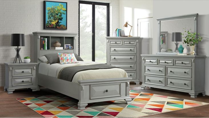 Elements International Calloway Grey Queen Bookcase Storage Bed in Grey - Faith Furniture (Manhattan, KS)
