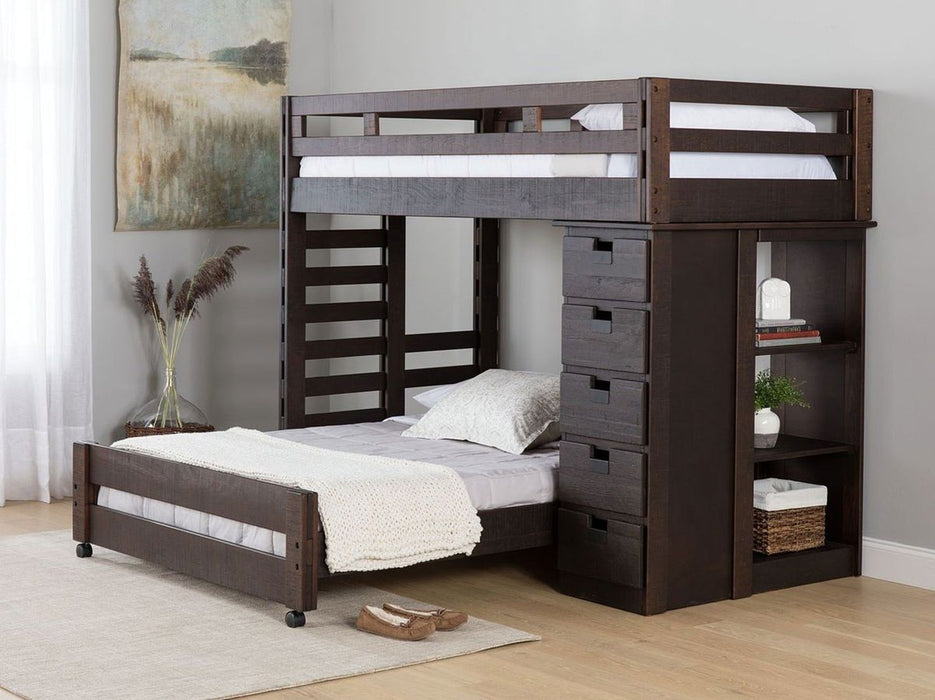 Elements International Vista Twin over Full Basic Loft Bed with Bookcase in Brown - Faith Furniture (Manhattan, KS)
