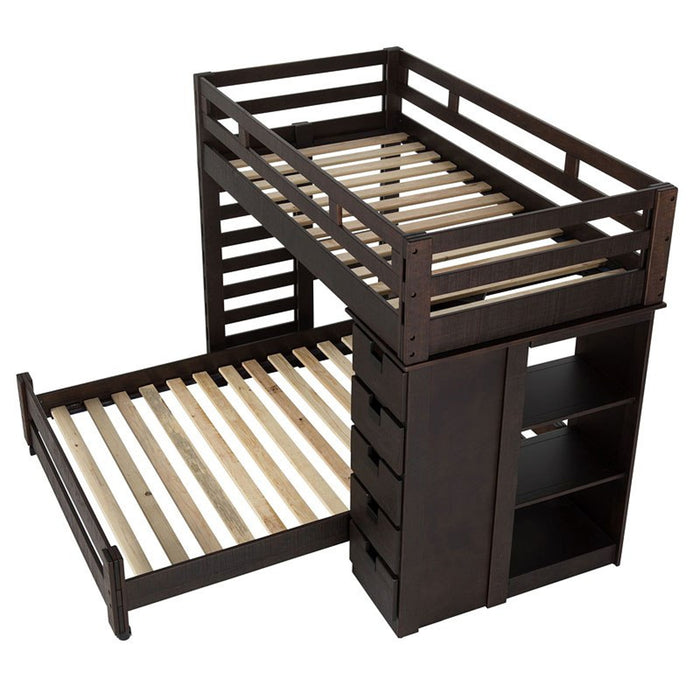 Elements International Vista Twin over Full Basic Loft Bed with Bookcase in Brown - Faith Furniture (Manhattan, KS)