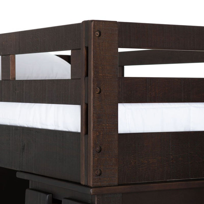 Elements International Vista Twin over Full Basic Loft Bed with Bookcase in Brown - Faith Furniture (Manhattan, KS)