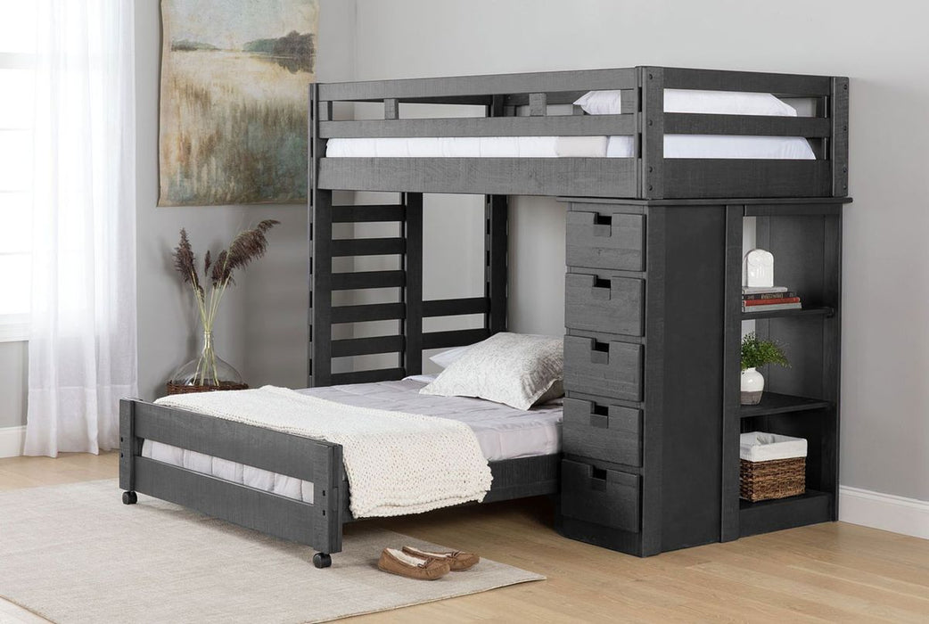 Elements International Vista Twin over Full Basic Loft Bed with Bookcase in Grey - Faith Furniture (Manhattan, KS)