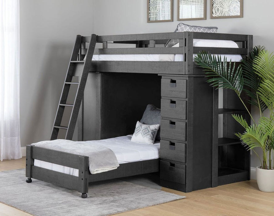 Elements International Vista Twin over Twin Super Loft Bed with Desk and Bookcase in Grey - Faith Furniture (Manhattan, KS)